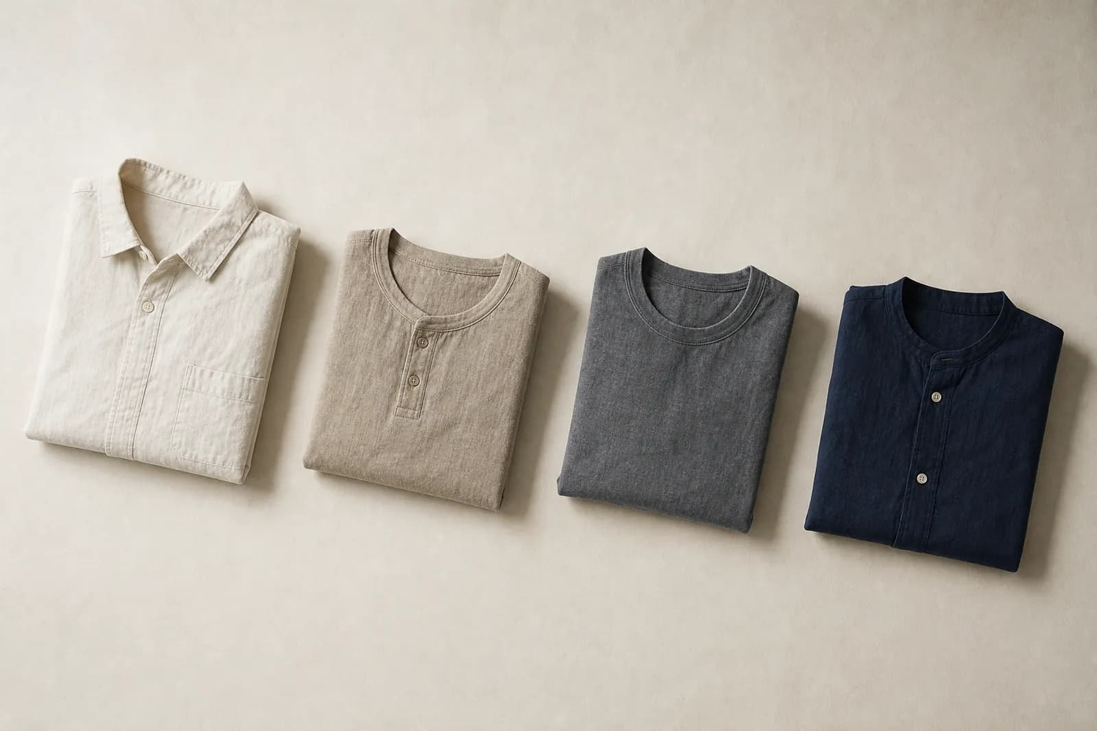 Four plain folded garments arranged in an uneven row on pale paper