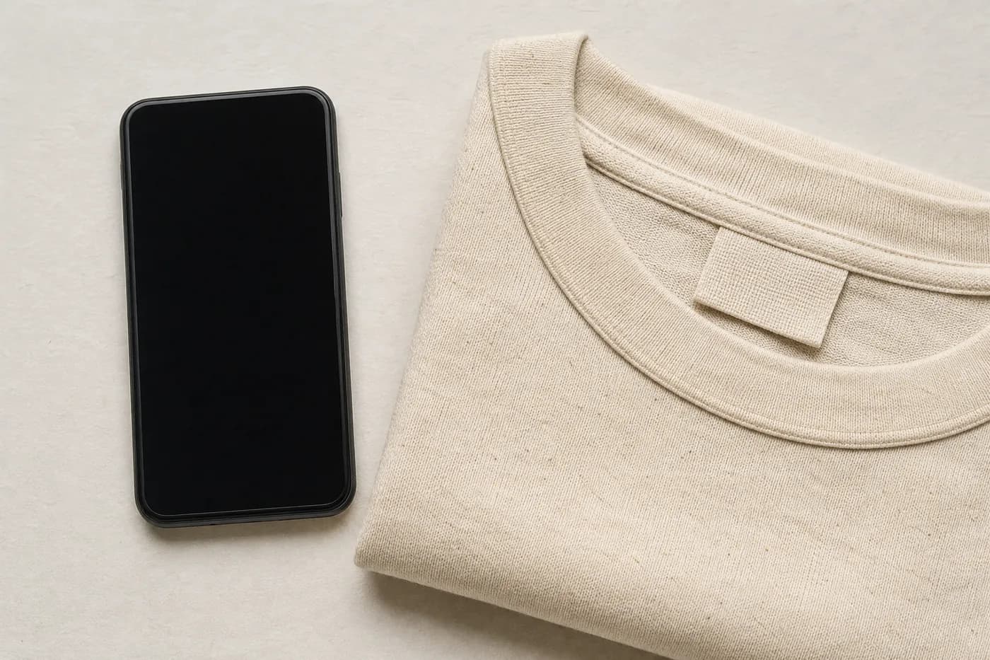A phone lying beside a folded garment with a blank woven label