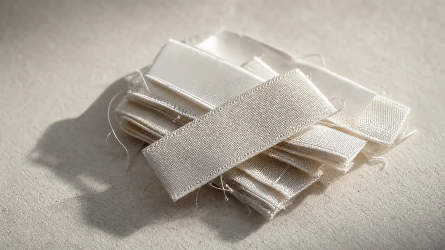 A loose stack of blank white woven garment labels on pale paper, lit from one side