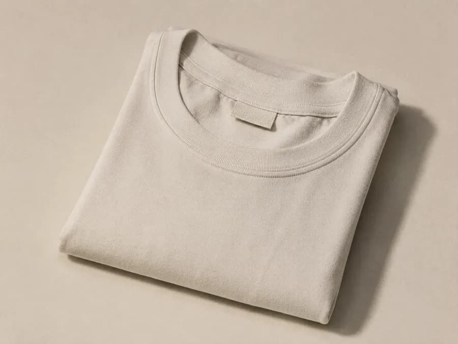 A folded plain garment with a blank woven label at the fold
